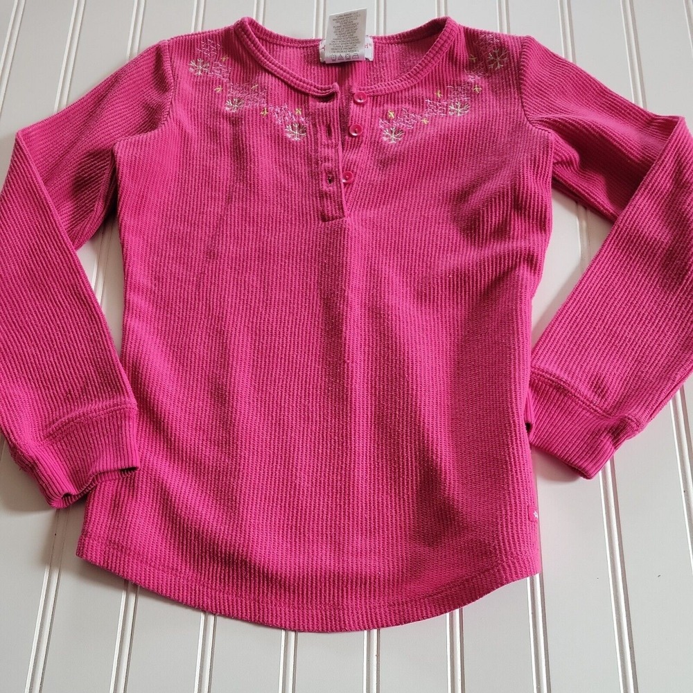American Girl Shirt 7/8 Thermal Tee Pink Embroidered Henley Comfort Stretch Top